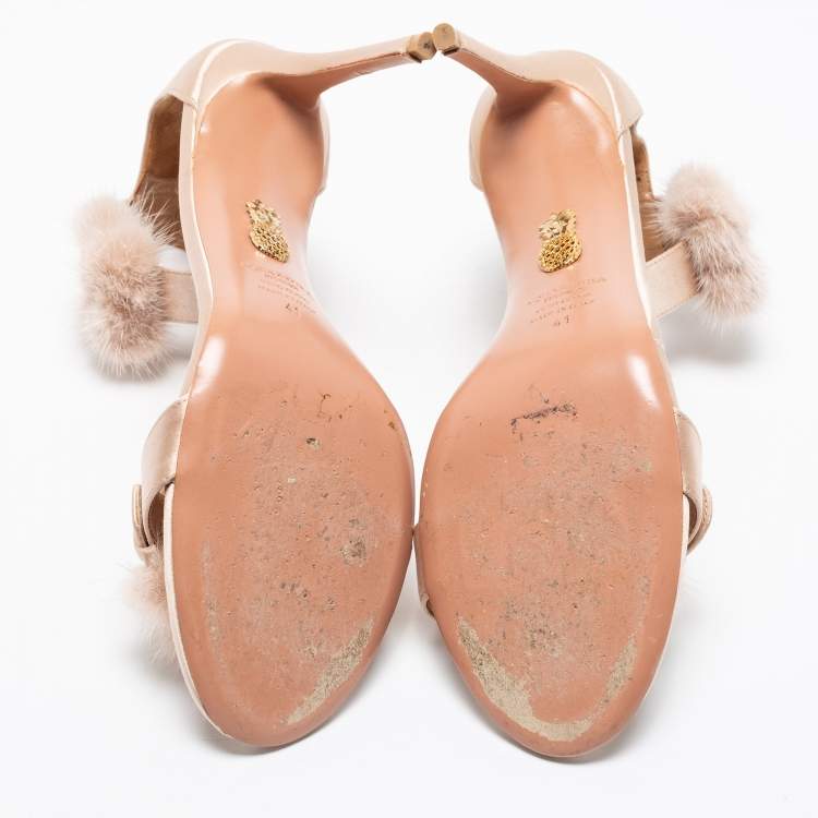 Pre Owned Aquazzura Beige Satin And Mink Fur Sinatra Ankle Cuff Sandals Size 41