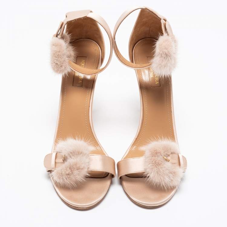 Pre Owned Aquazzura Beige Satin And Mink Fur Sinatra Ankle Cuff Sandals Size 41