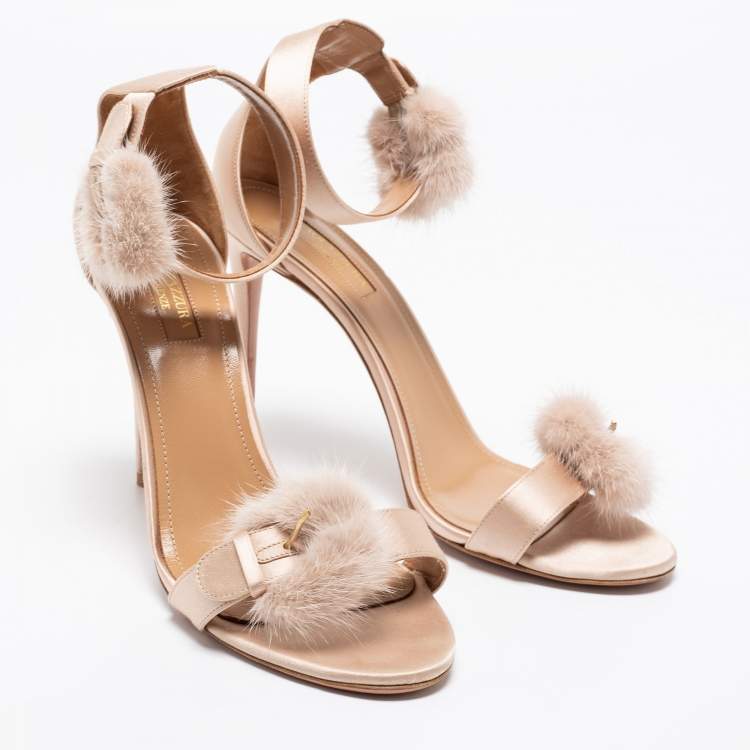 Pre Owned Aquazzura Beige Satin And Mink Fur Sinatra Ankle Cuff Sandals Size 41