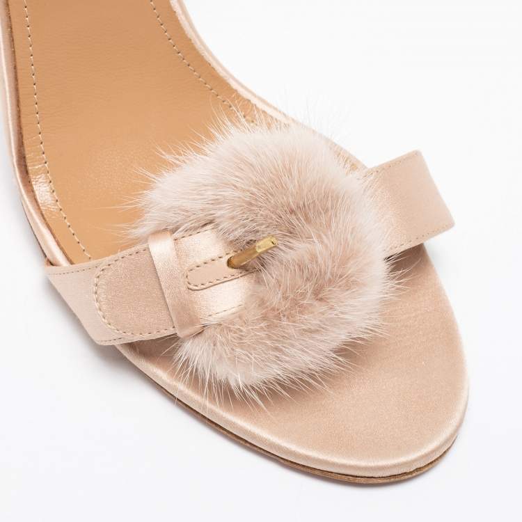 Pre Owned Aquazzura Beige Satin And Mink Fur Sinatra Ankle Cuff Sandals Size 41