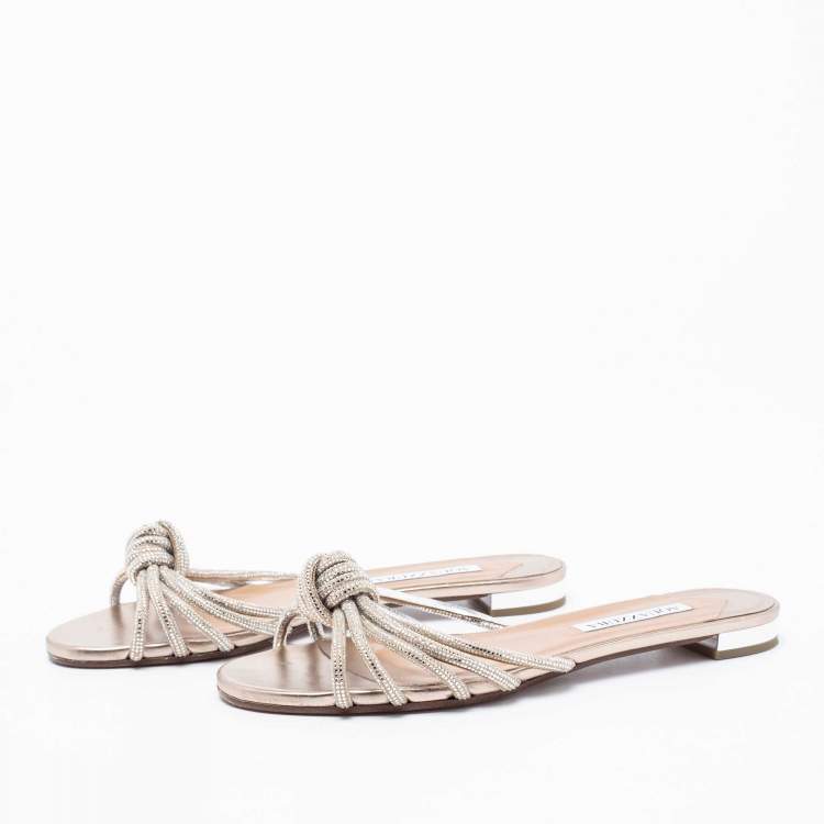 Pre Owned Aquazzura Metallic Silver/Beige Suede Crystal Embellished Celeste Flat Sandals Size 38.5