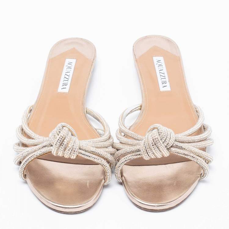Pre Owned Aquazzura Metallic Silver/Beige Suede Crystal Embellished Celeste Flat Sandals Size 38.5