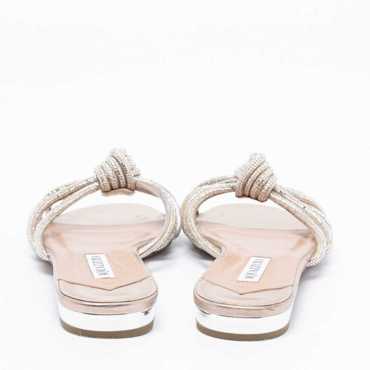 Pre Owned Aquazzura Metallic Silver/Beige Suede Crystal Embellished Celeste Flat Sandals Size 38.5