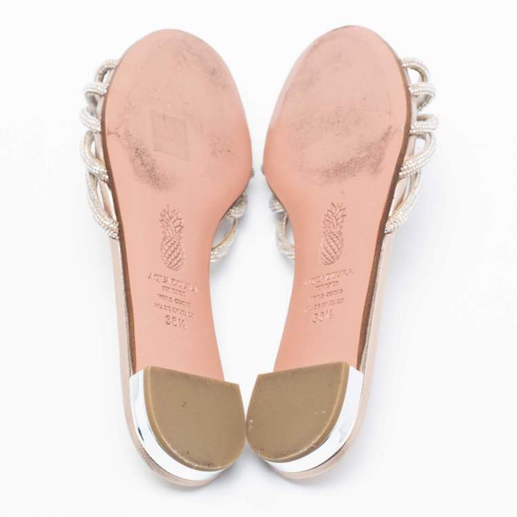 Pre Owned Aquazzura Metallic Silver/Beige Suede Crystal Embellished Celeste Flat Sandals Size 38.5