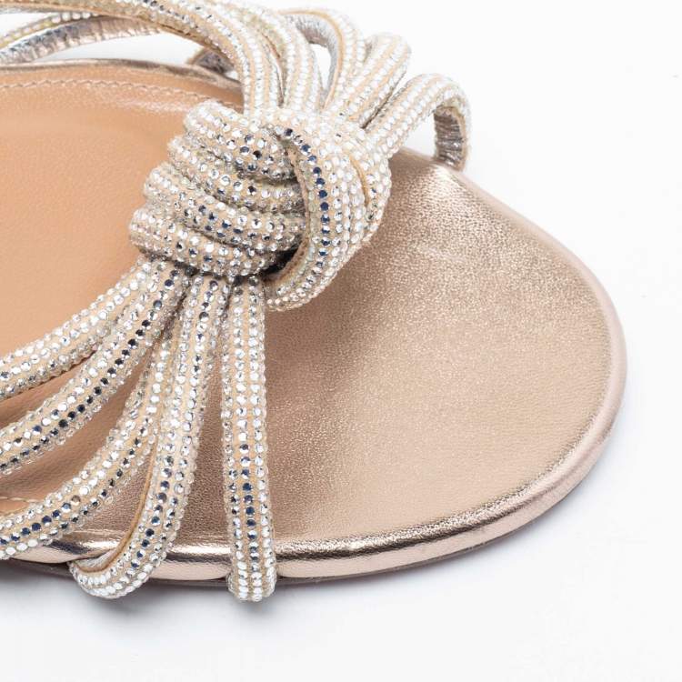 Pre Owned Aquazzura Metallic Silver/Beige Suede Crystal Embellished Celeste Flat Sandals Size 38.5