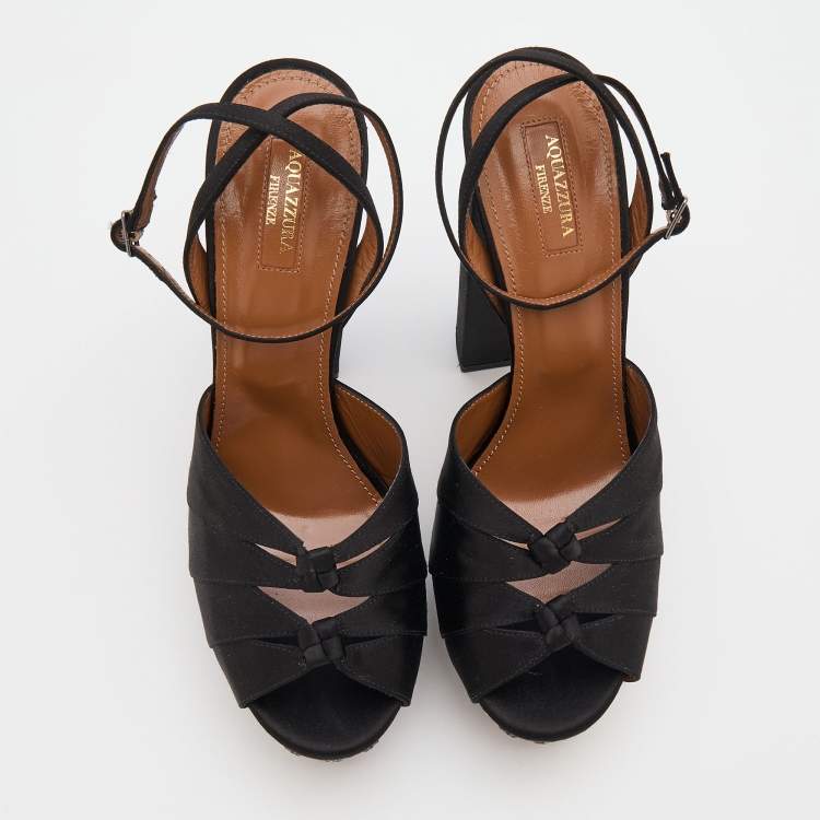 Pre Owned Aquazzura Black Satin Party Plateau Embellished Platform Ankle Strap Sandals Size 41