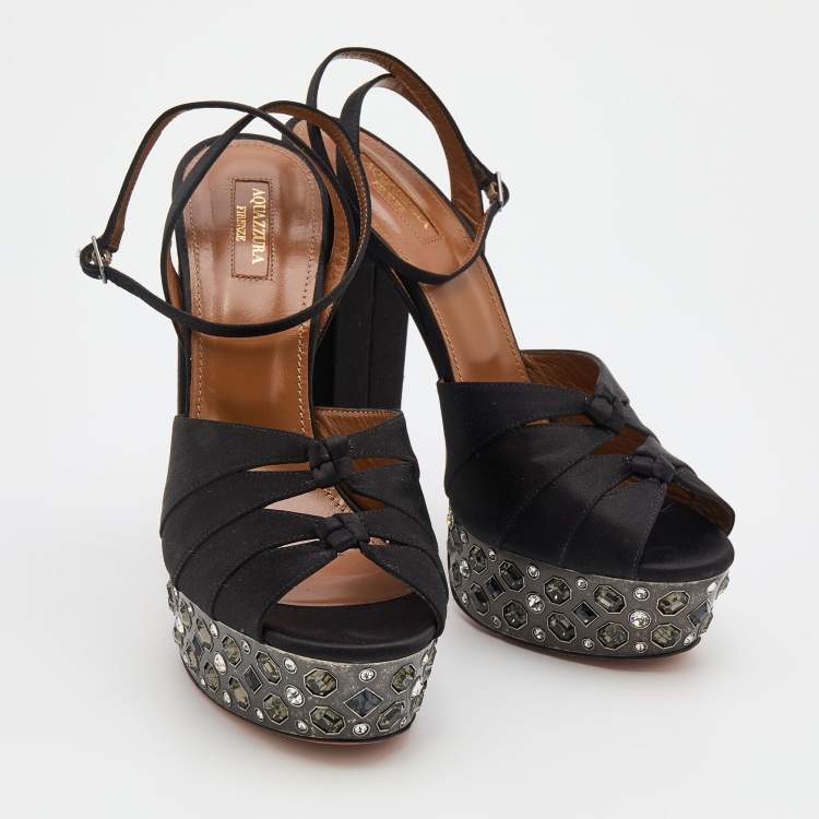 Pre Owned Aquazzura Black Satin Party Plateau Embellished Platform Ankle Strap Sandals Size 41
