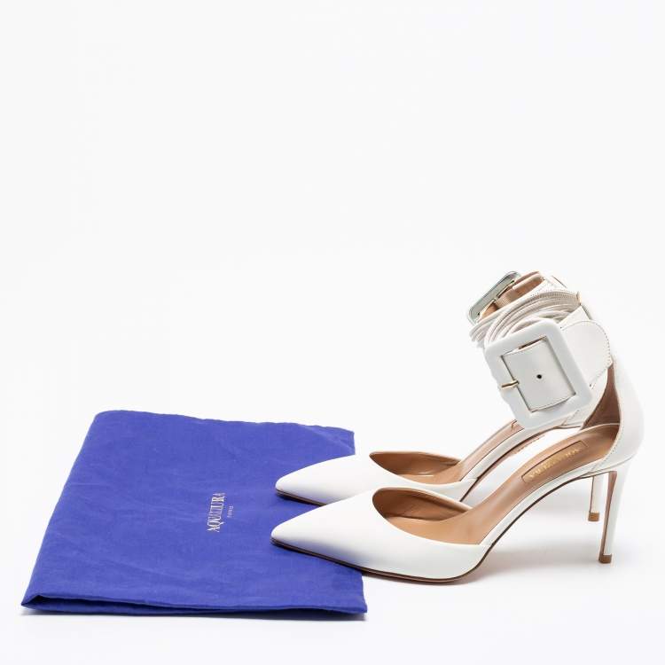 Pre Owned Aquazzura White Leather Casablanca Ankle Cuff Pumps Size 36