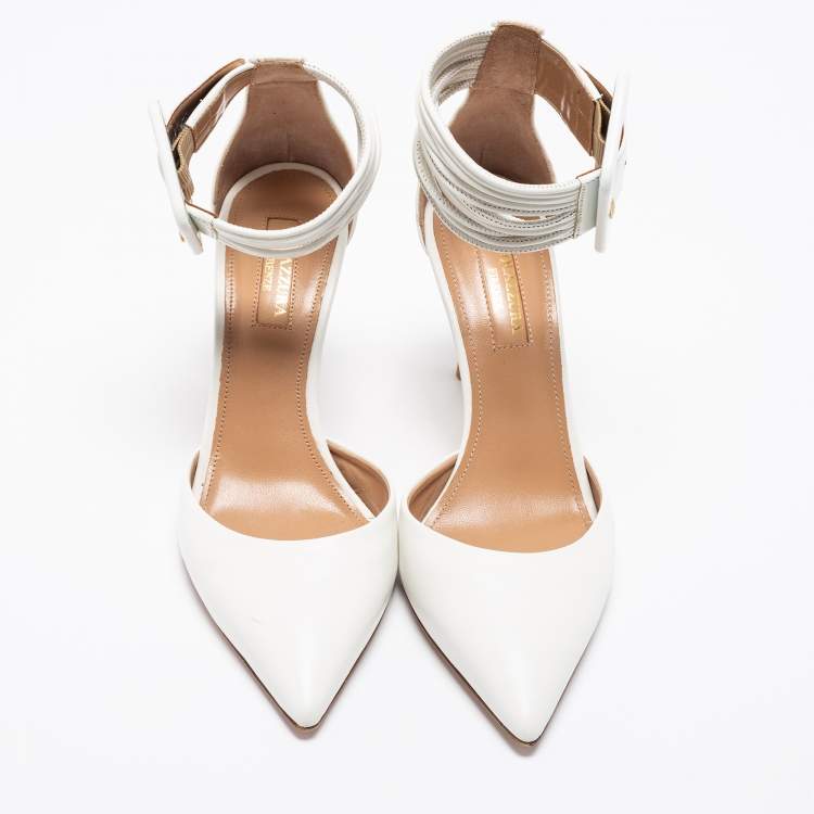 Pre Owned Aquazzura White Leather Casablanca Ankle Cuff Pumps Size 36