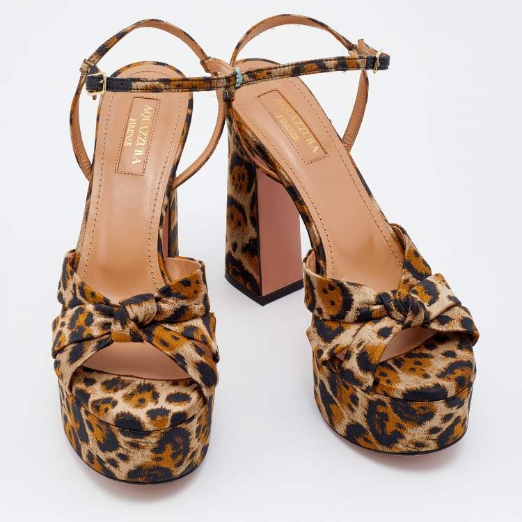Pre Owned Aquazzura Caramel Leopard Print Jacquard Fabric Baba Plateau Platform Ankle Strap Sandals Size 36