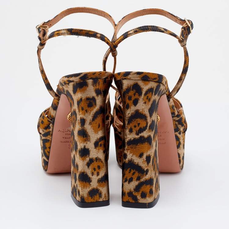Pre Owned Aquazzura Caramel Leopard Print Jacquard Fabric Baba Plateau Platform Ankle Strap Sandals Size 36