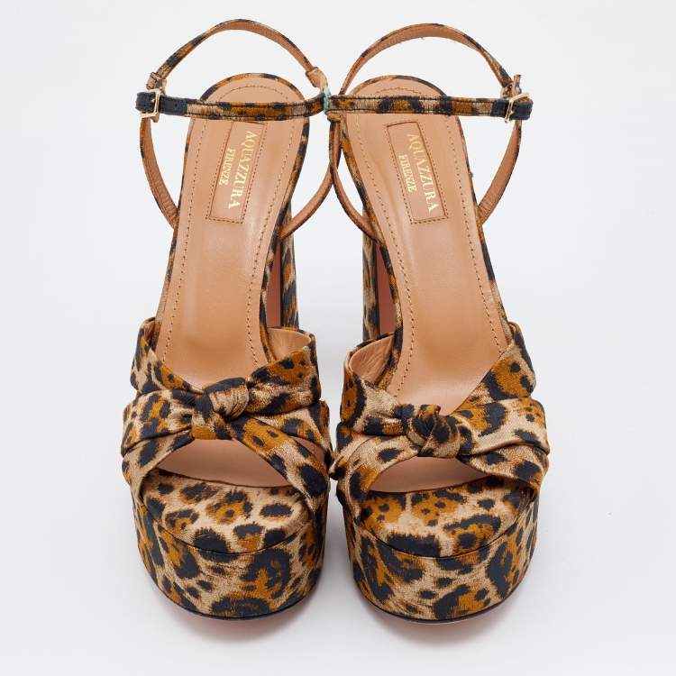 Pre Owned Aquazzura Caramel Leopard Print Jacquard Fabric Baba Plateau Platform Ankle Strap Sandals Size 36
