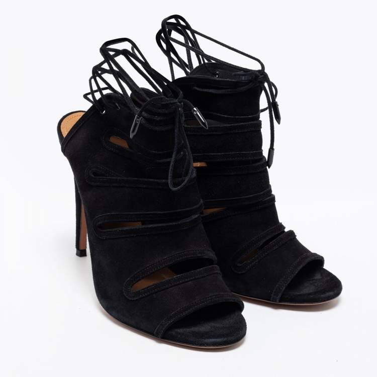 Pre Owned Aquazzura Black Suede Sloane Cut Out Tie Up Sandals Size 38