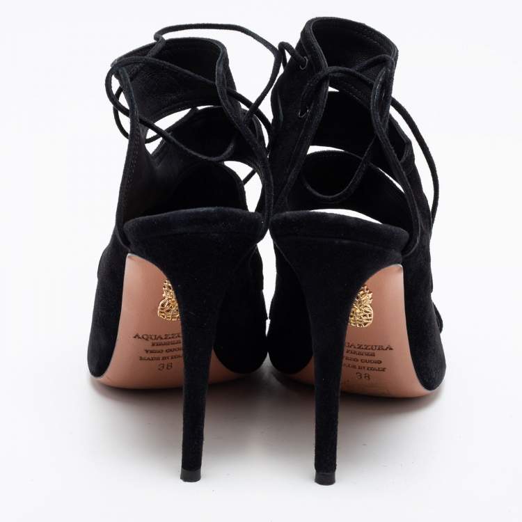 Pre Owned Aquazzura Black Suede Sloane Cut Out Tie Up Sandals Size 38