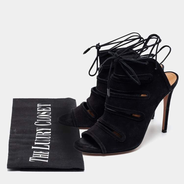 Pre Owned Aquazzura Black Suede Sloane Cut Out Tie Up Sandals Size 38