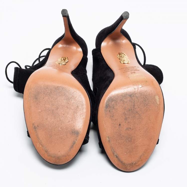 Pre Owned Aquazzura Black Suede Sloane Cut Out Tie Up Sandals Size 38