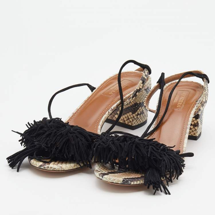 Pre Owned Aquazzura Black/Beige Python Leather And Fringed Suede Wild Thing Ankle Wrap Sandals Size 37