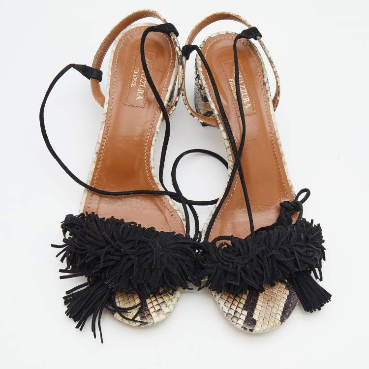 Pre Owned Aquazzura Black/Beige Python Leather And Fringed Suede Wild Thing Ankle Wrap Sandals Size 37