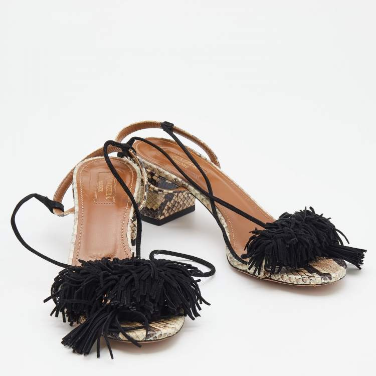Pre Owned Aquazzura Black/Beige Python Leather And Fringed Suede Wild Thing Ankle Wrap Sandals Size 37