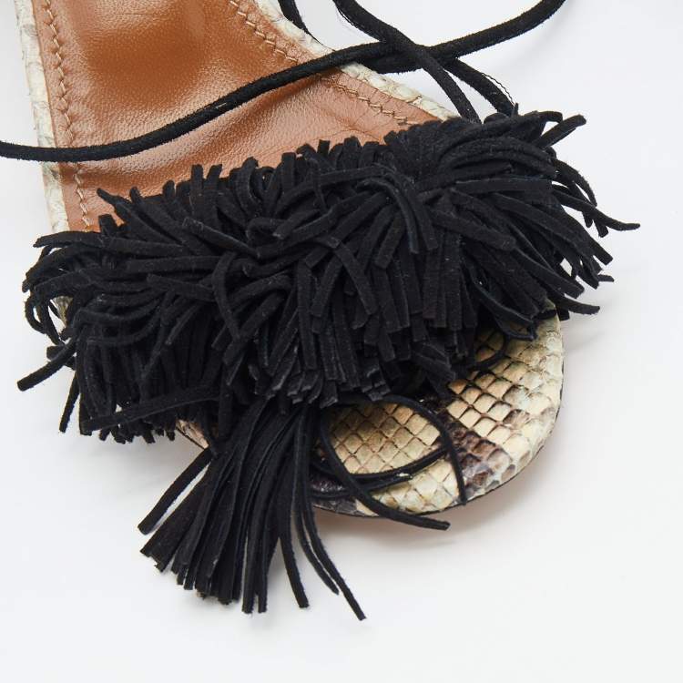 Pre Owned Aquazzura Black/Beige Python Leather And Fringed Suede Wild Thing Ankle Wrap Sandals Size 37