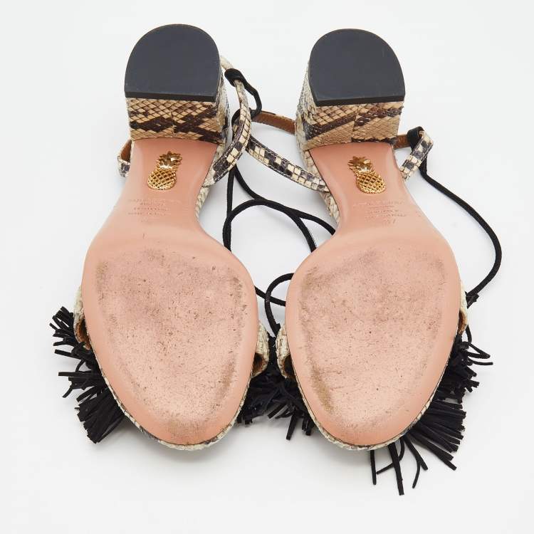 Pre Owned Aquazzura Black/Beige Python Leather And Fringed Suede Wild Thing Ankle Wrap Sandals Size 37