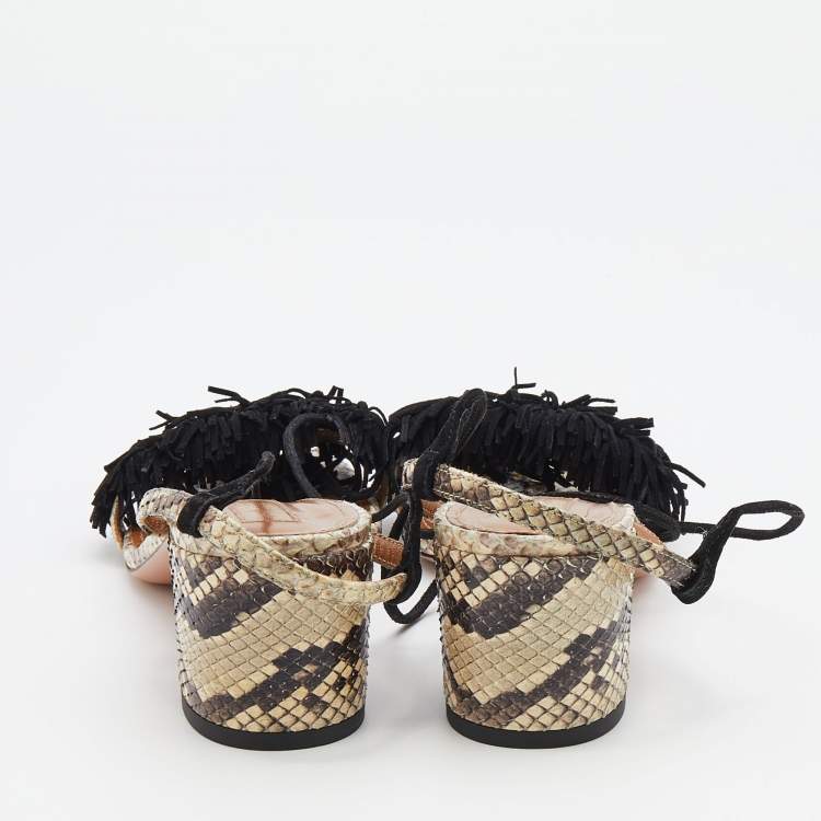 Pre Owned Aquazzura Black/Beige Python Leather And Fringed Suede Wild Thing Ankle Wrap Sandals Size 37