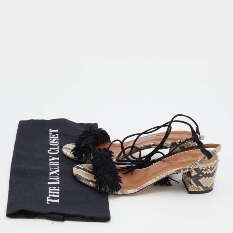 Pre Owned Aquazzura Black/Beige Python Leather And Fringed Suede Wild Thing Ankle Wrap Sandals Size 37