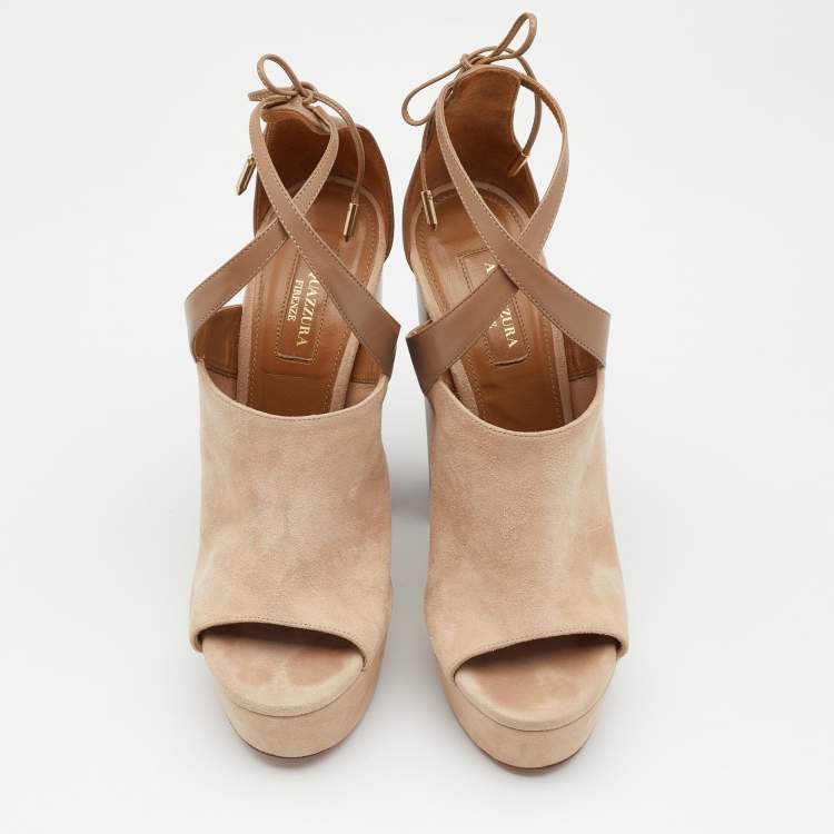 Pre Owned Aquazzura Taupe/Beige Suede And Leather Kaya Platform Sandals Size 38.5