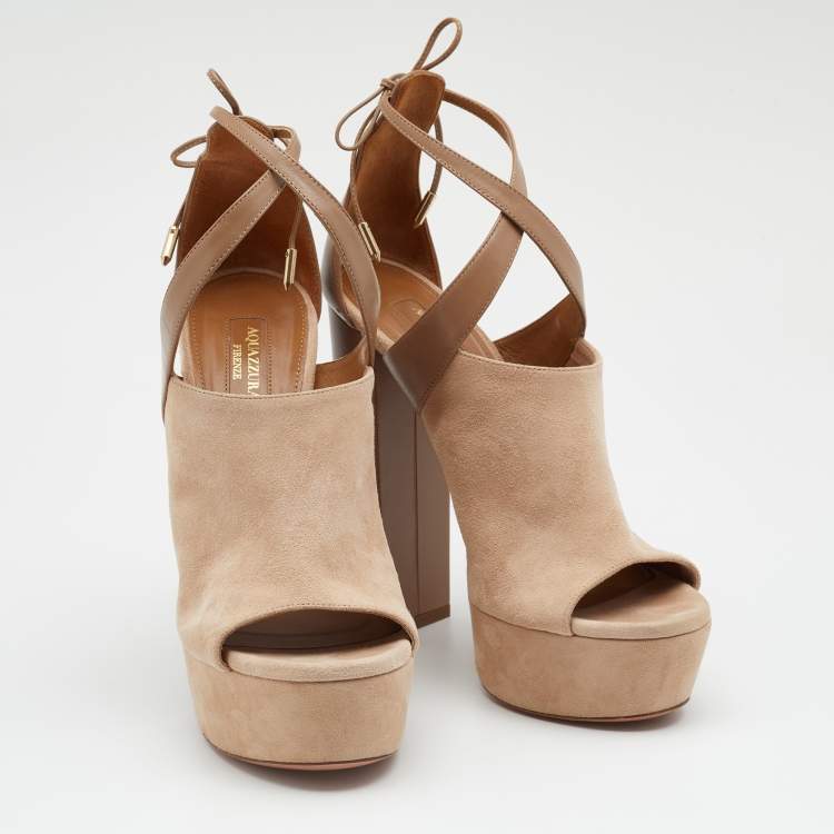 Pre Owned Aquazzura Taupe/Beige Suede And Leather Kaya Platform Sandals Size 38.5