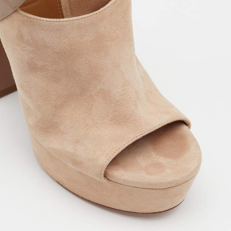 Pre Owned Aquazzura Taupe/Beige Suede And Leather Kaya Platform Sandals Size 38.5