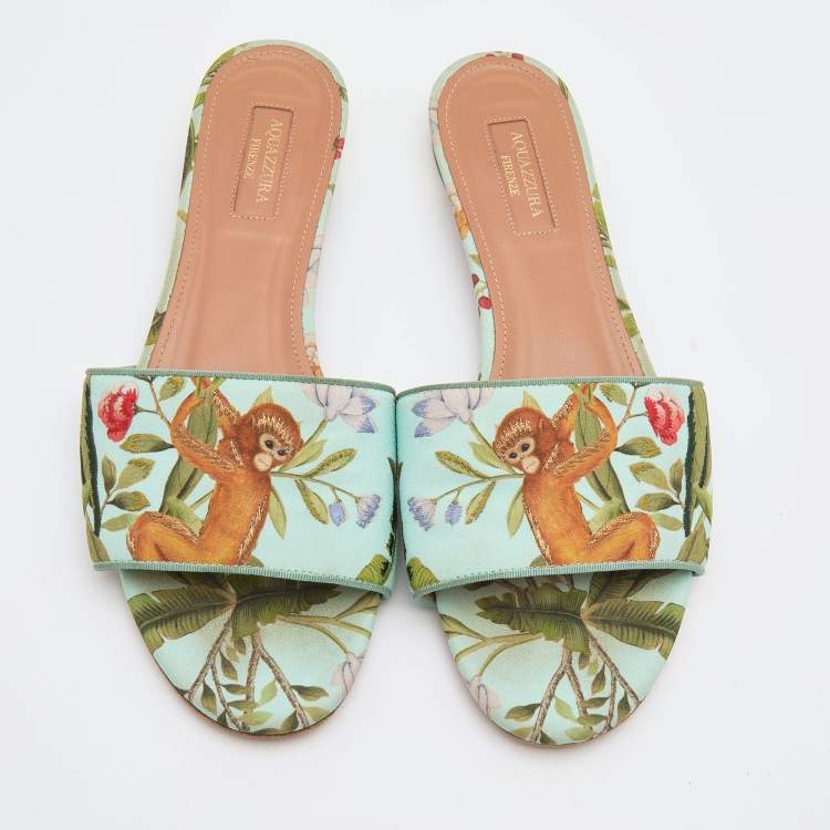 Pre Owned Aquazzura Multicolor Brocade Fabric Slides Sandals Size 39