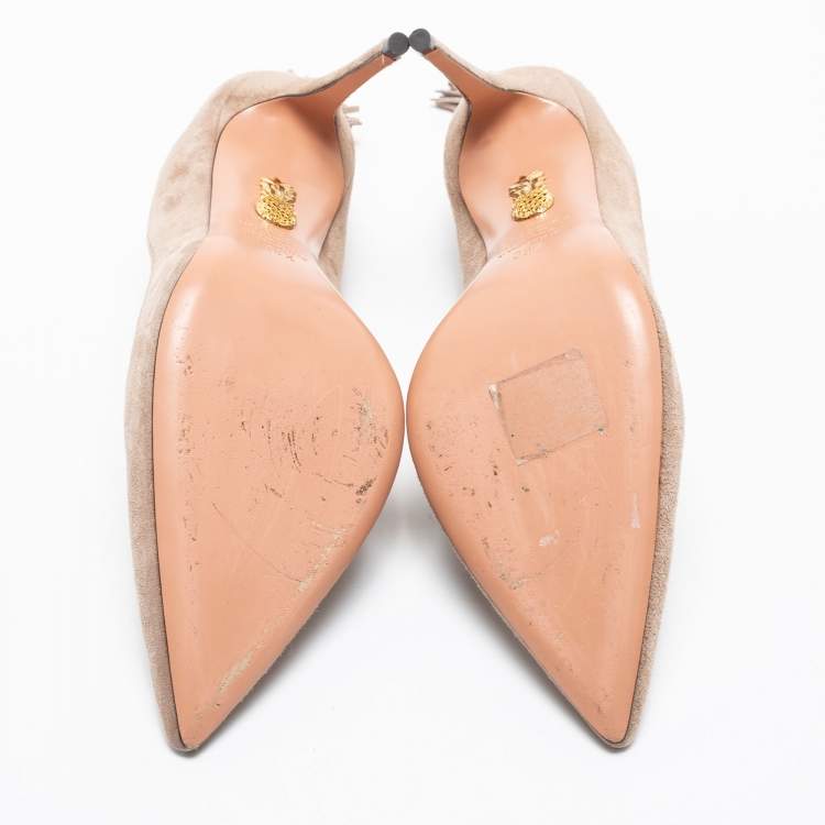 Pre Owned Aquazzura Beige Suede Forever Marilyn Fringe Bow Pumps Size 38.5