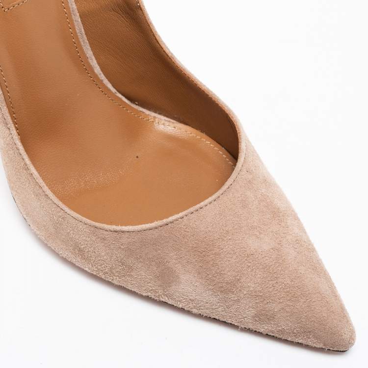 Pre Owned Aquazzura Beige Suede Forever Marilyn Fringe Bow Pumps Size 38.5