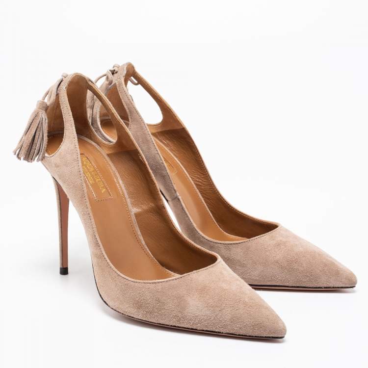 Pre Owned Aquazzura Beige Suede Forever Marilyn Fringe Bow Pumps Size 38.5