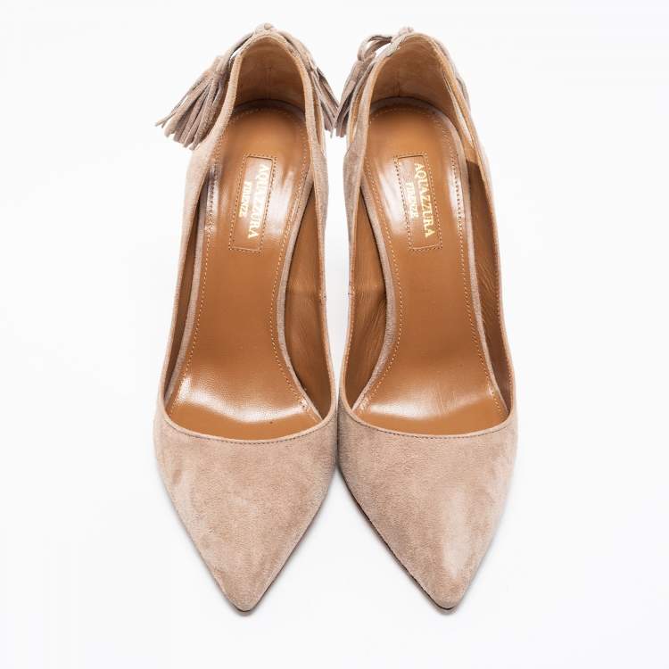 Pre Owned Aquazzura Beige Suede Forever Marilyn Fringe Bow Pumps Size 38.5