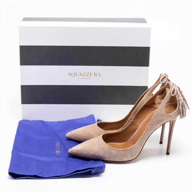 Pre Owned Aquazzura Beige Suede Forever Marilyn Fringe Bow Pumps Size 38.5