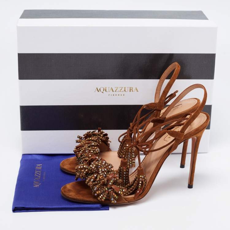 Pre Owned Aquazzura Brown Suede Wild Crystal Thing Ankle Tie Sandals Size 39