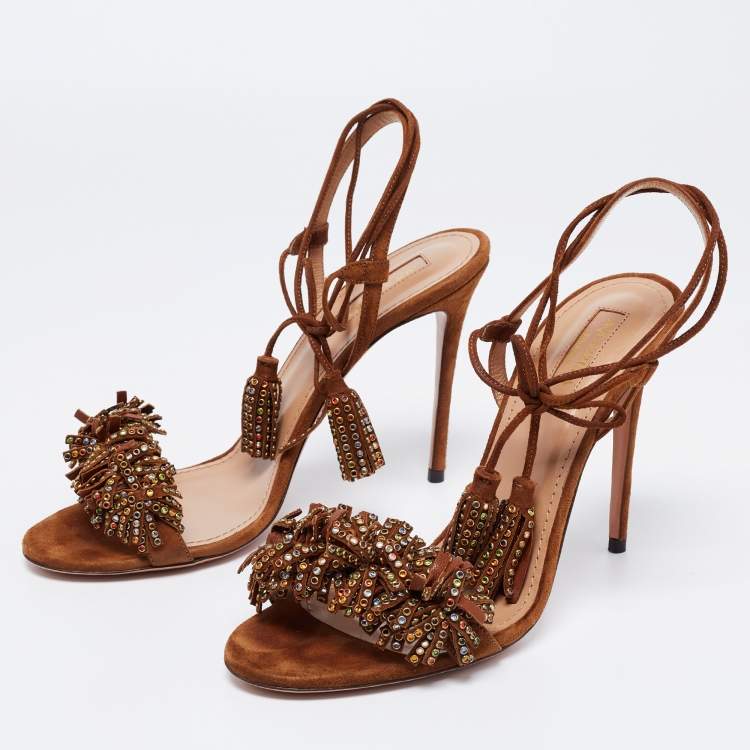 Pre Owned Aquazzura Brown Suede Wild Crystal Thing Ankle Tie Sandals Size 39