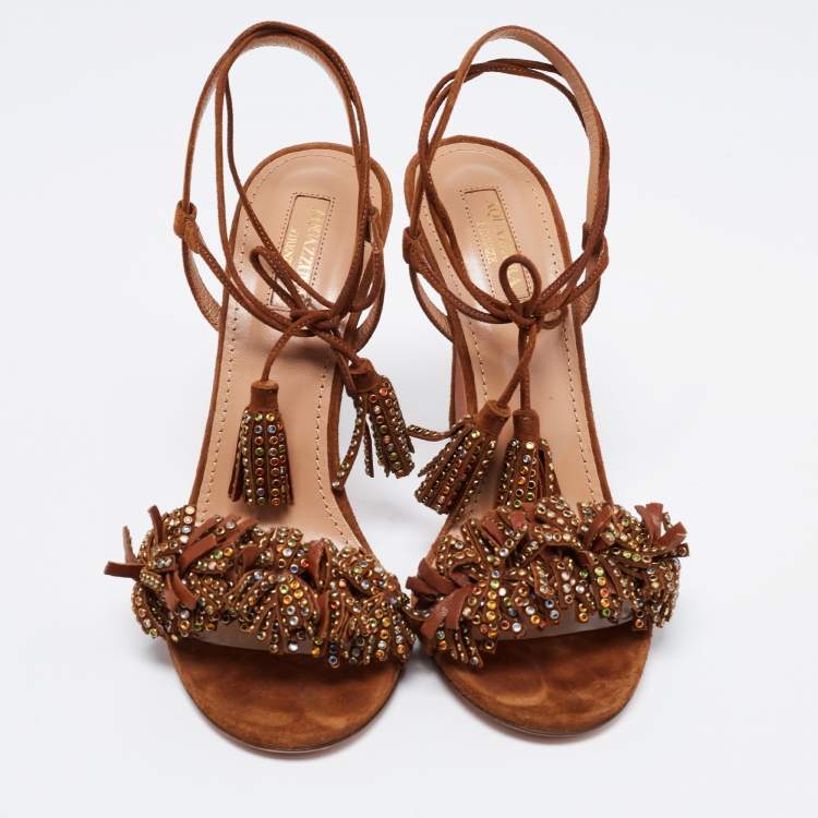 Pre Owned Aquazzura Brown Suede Wild Crystal Thing Ankle Tie Sandals Size 39