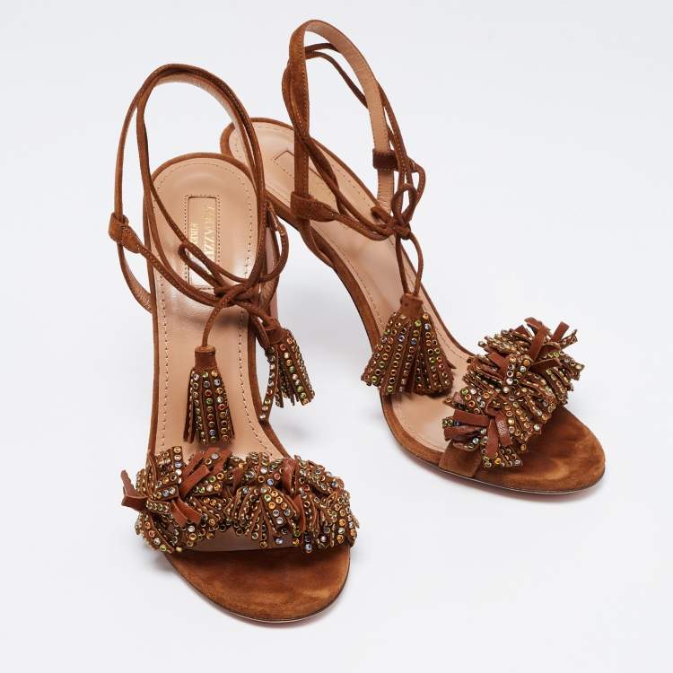 Pre Owned Aquazzura Brown Suede Wild Crystal Thing Ankle Tie Sandals Size 39