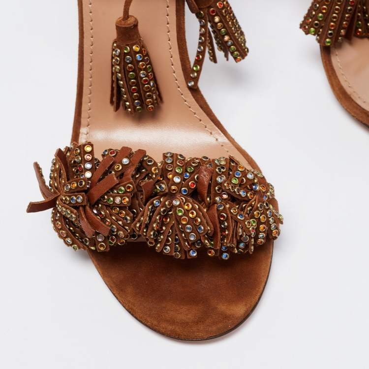 Pre Owned Aquazzura Brown Suede Wild Crystal Thing Ankle Tie Sandals Size 39
