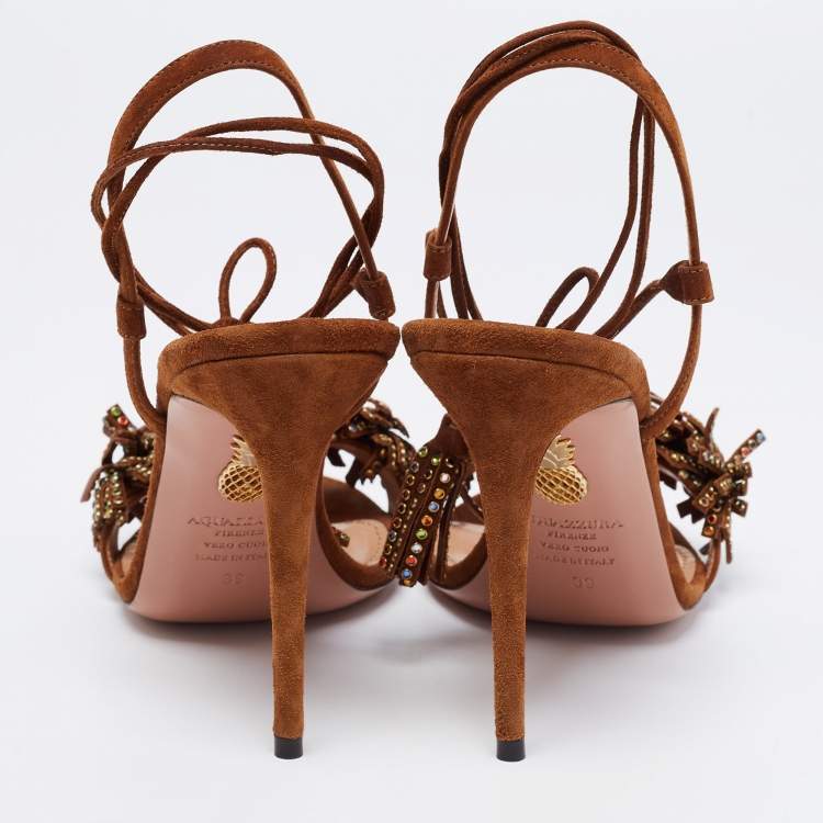 Pre Owned Aquazzura Brown Suede Wild Crystal Thing Ankle Tie Sandals Size 39