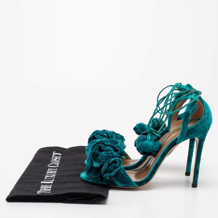 مملوكة مسبقًا Aquazzura Green Velvet Wild Flower Ankle Wrap Sandals Size 35.5