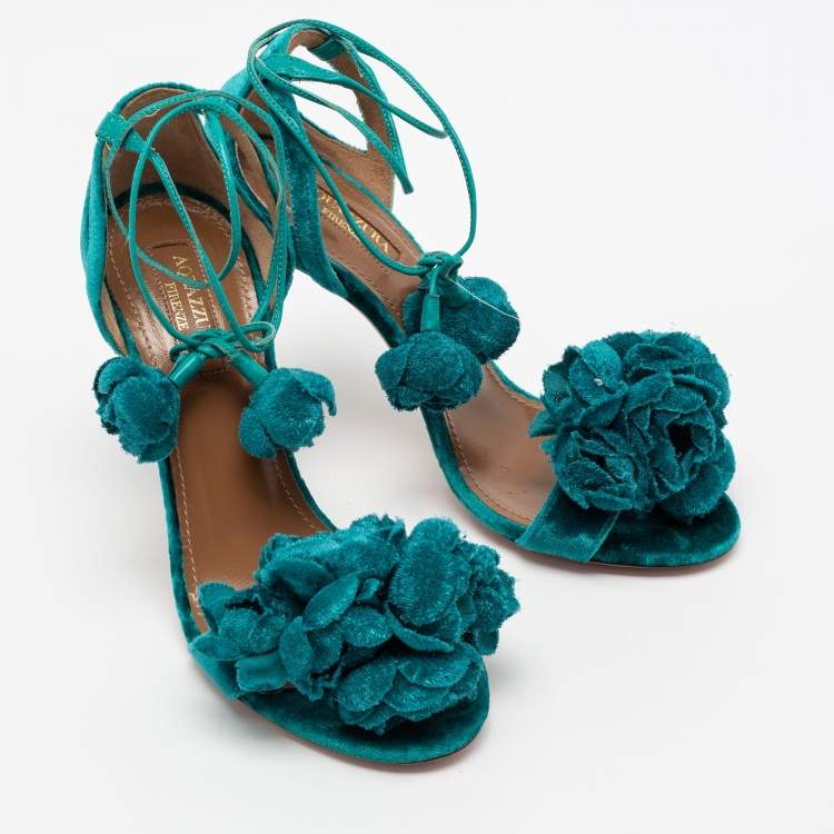 مملوكة مسبقًا Aquazzura Green Velvet Wild Flower Ankle Wrap Sandals Size 35.5