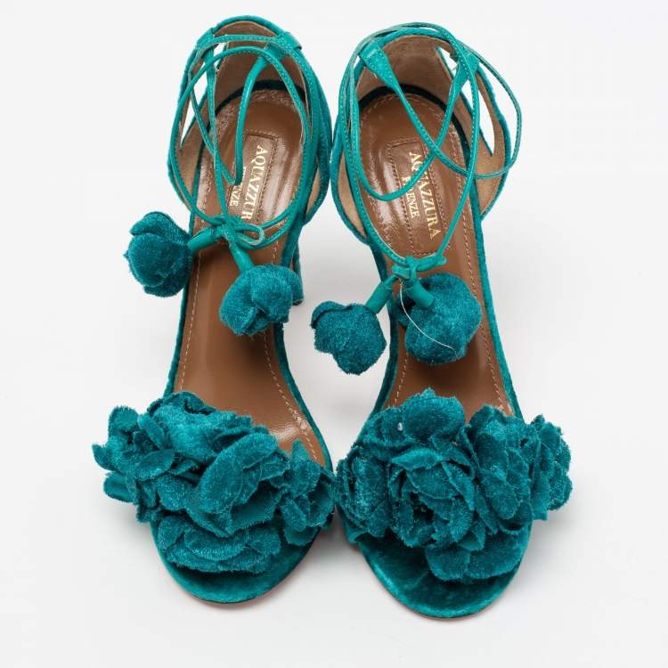 مملوكة مسبقًا Aquazzura Green Velvet Wild Flower Ankle Wrap Sandals Size 35.5