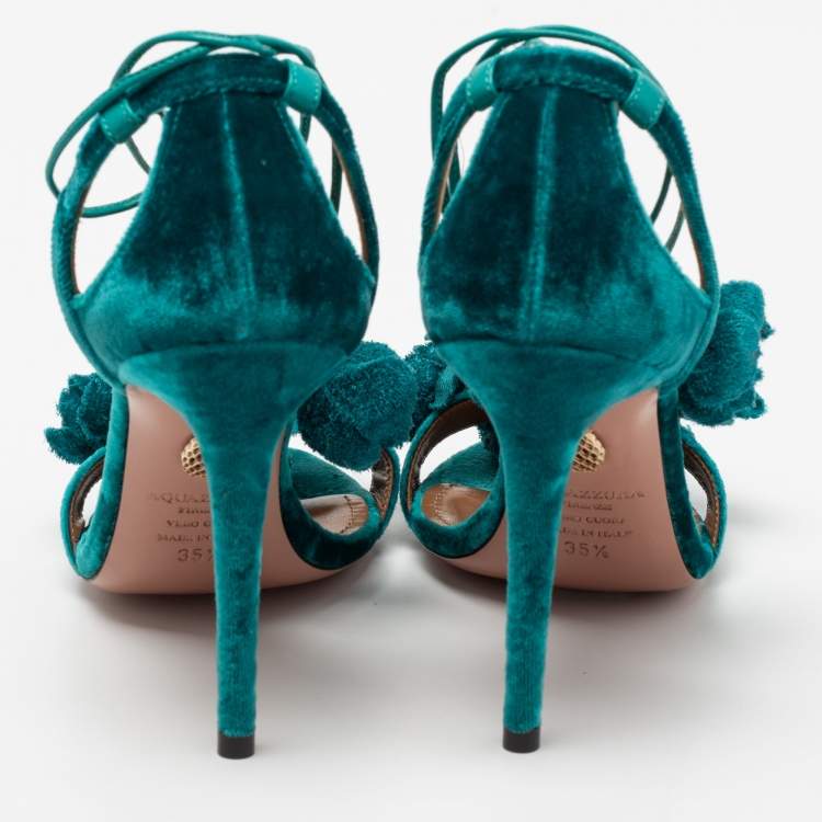 مملوكة مسبقًا Aquazzura Green Velvet Wild Flower Ankle Wrap Sandals Size 35.5