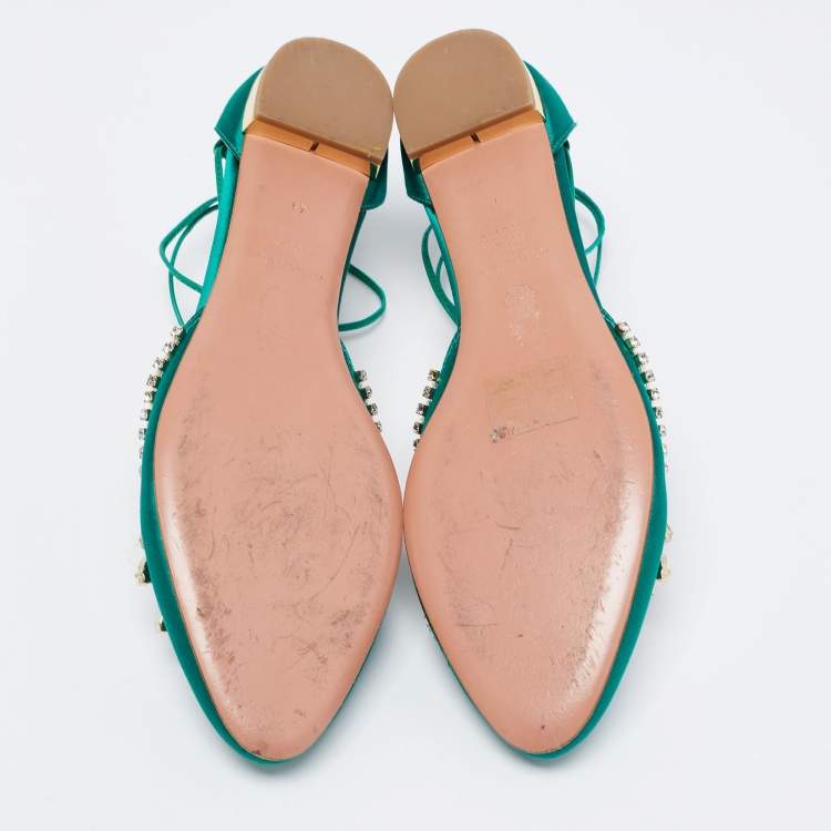 Pre Owned Aquazzura Green Satin Crystal Embellished Alexa Ankle Tie D'orsay Flats Size 41