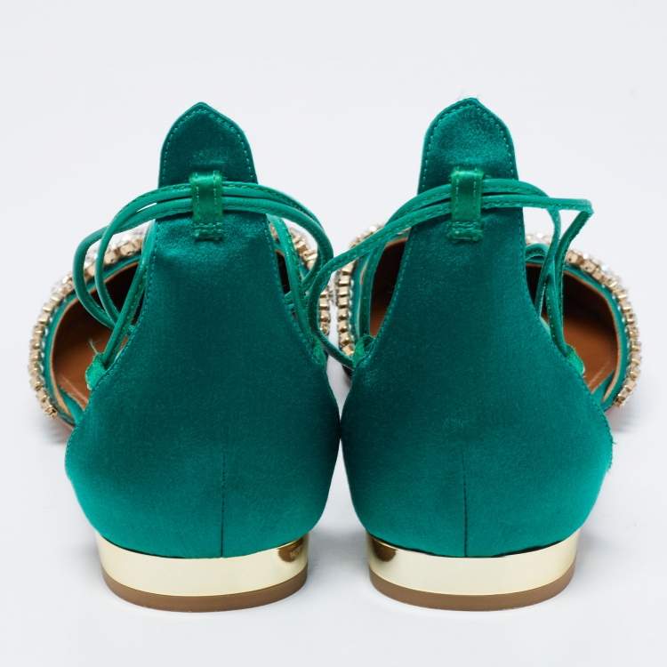 Pre Owned Aquazzura Green Satin Crystal Embellished Alexa Ankle Tie D'orsay Flats Size 41