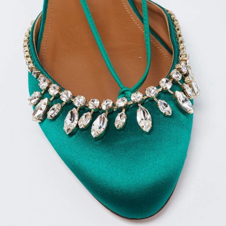 Pre Owned Aquazzura Green Satin Crystal Embellished Alexa Ankle Tie D'orsay Flats Size 41
