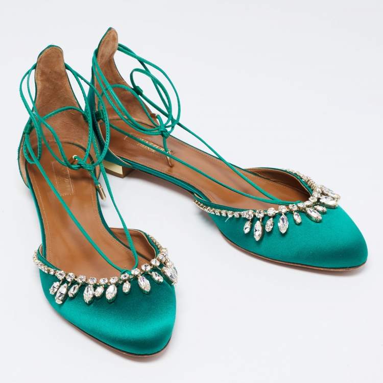Pre Owned Aquazzura Green Satin Crystal Embellished Alexa Ankle Tie D'orsay Flats Size 41